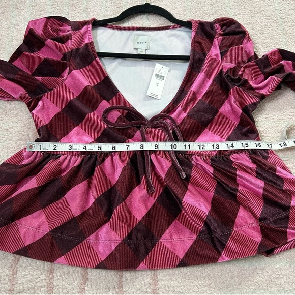 NWT Maeve Velvet Pink Maroon Plaid Puff Sleeve Top Low Cut Size Medium - Picture 10 of 12